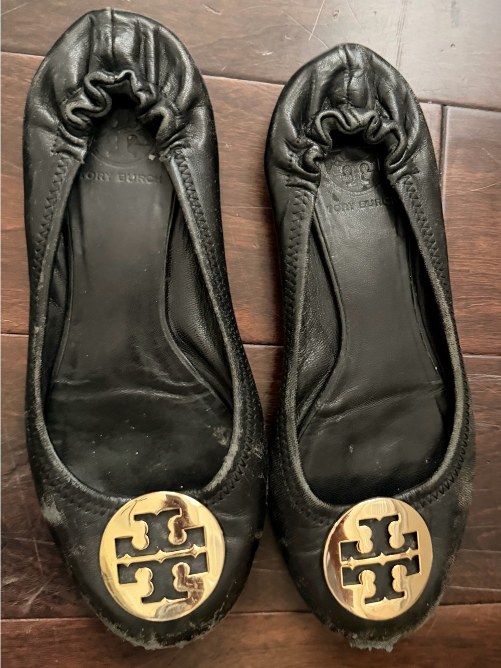 Tory Burch Black Leather Ballet Flats with Gold Logo